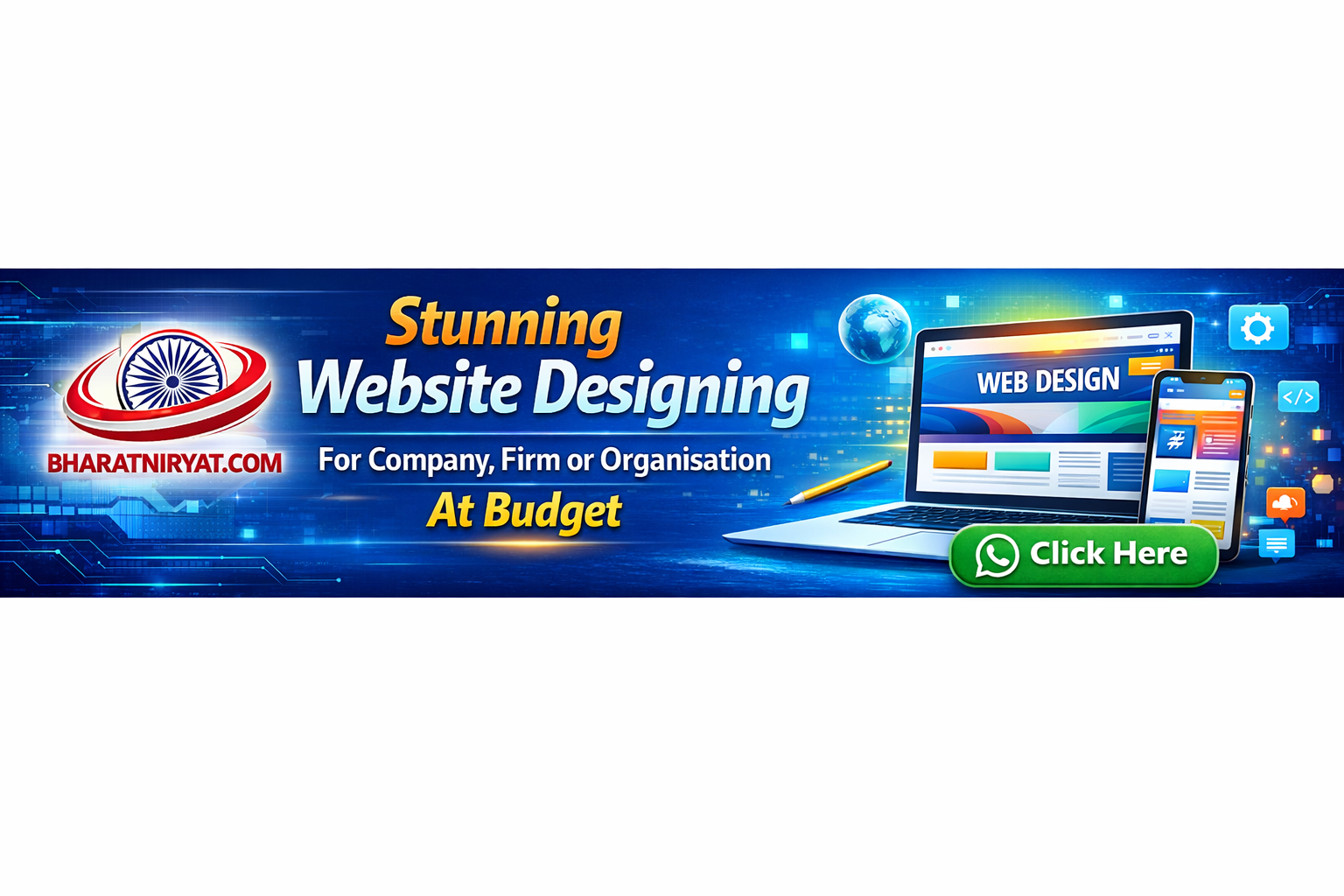 Bharat Niryat website design service banner offering affordable and professional website designing for companies, firms, and organizations with WhatsApp click here contact button.